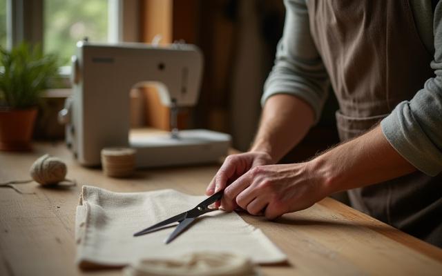 Kép egy kézművesről, aki természetes szövetet szab egy varrógép mellett ülve.