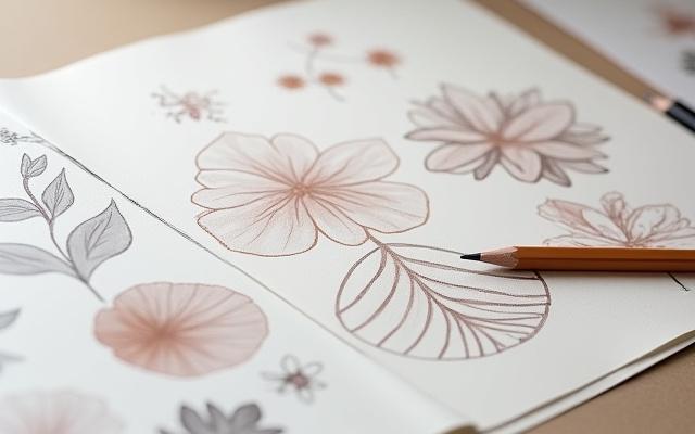 Koncepciós vázlat egy jógapárnához vagy textíliához, kézzel rajzolva, természetes elemekkel.