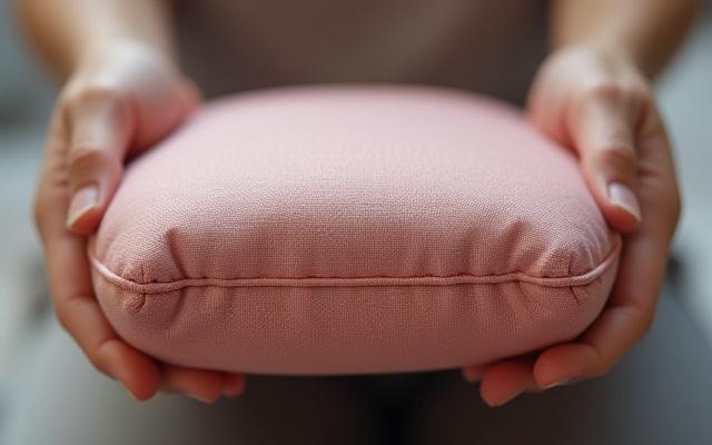 Befejezett jógapárna vagy termék ellenőrzése, közeli felvétel a minőségről.