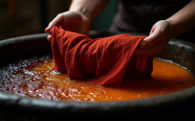 Kézműves természetes, növényi festékfürdőbe márt egy textíliát.